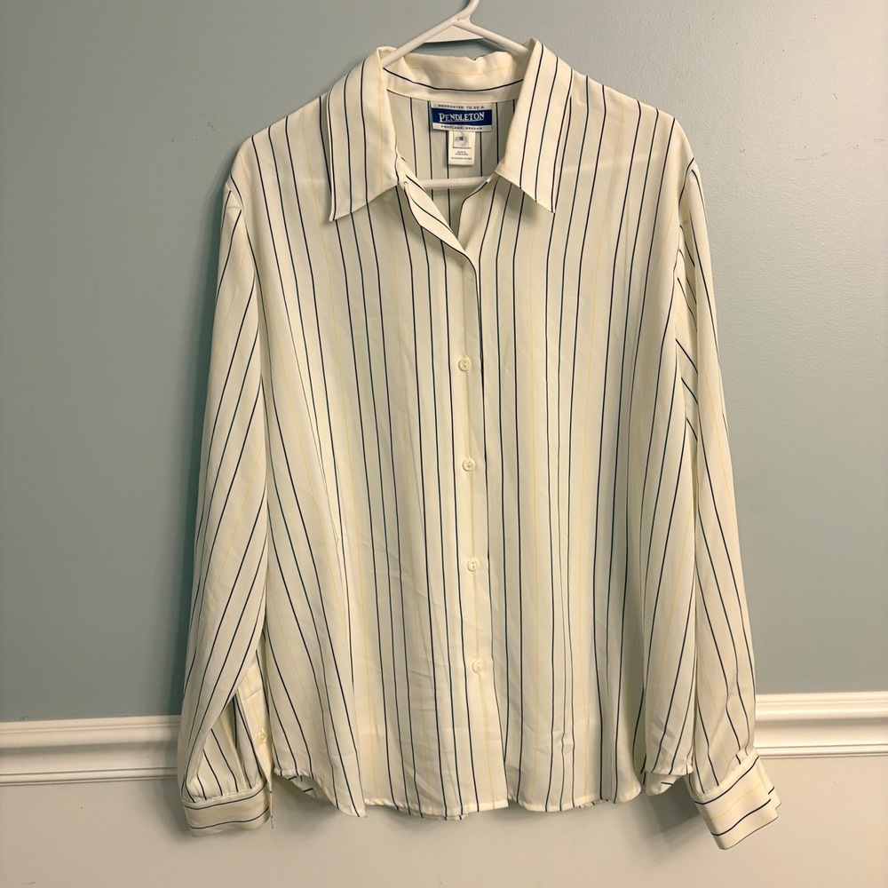 Pendleton Womens White Striped Button Down Blouse Long Sleeve Size 16 Vintage